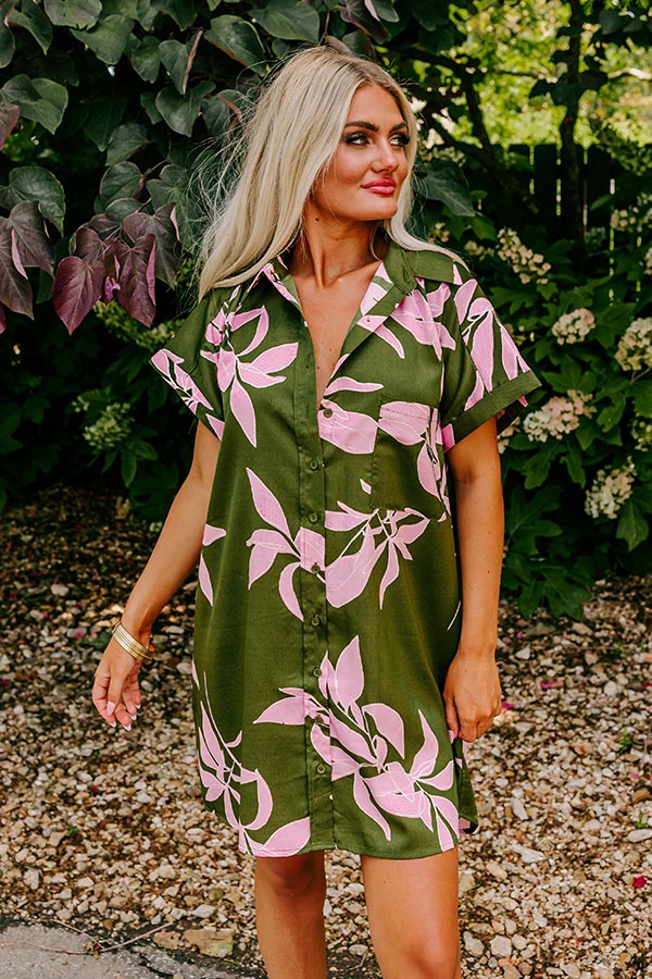 green floral tunic dress 70s Anne Klein Floral Cotton Tunic Dress Green Henley Midi