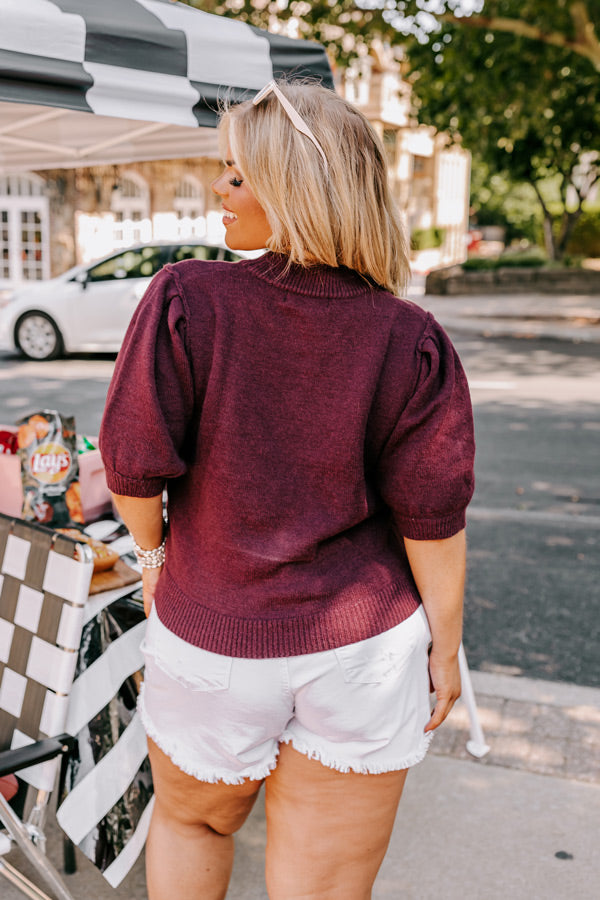 Touchdown Knit Sweater Top In Maroon Curves