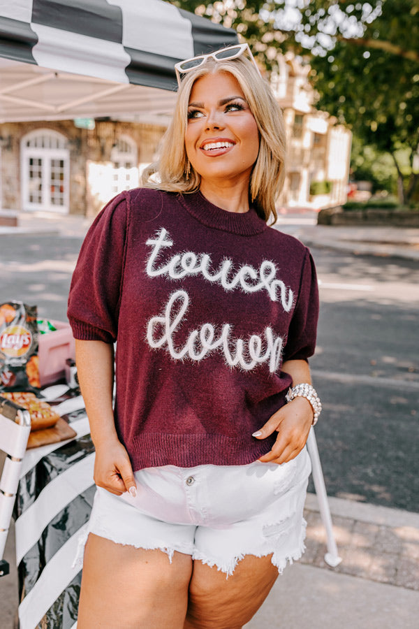 Touchdown Knit Sweater Top In Maroon Curves