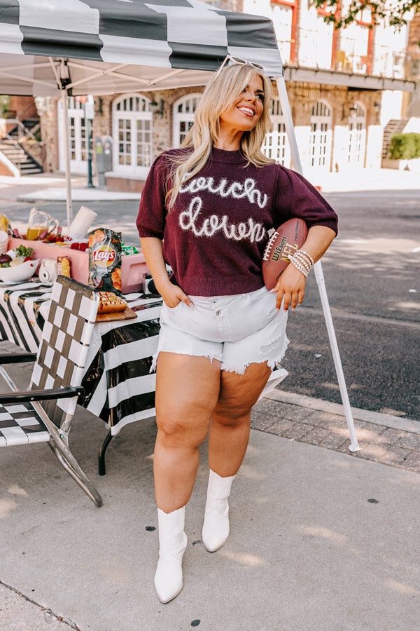 Touchdown Knit Sweater Top In Maroon Curves