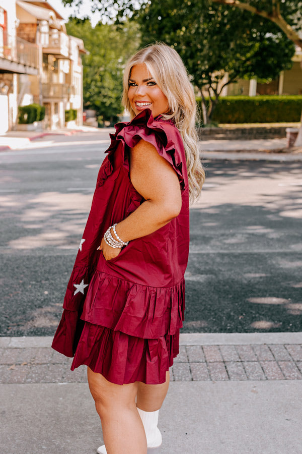 Under The Stadium Lights Ruffle Mini Dress in Maroon Curves