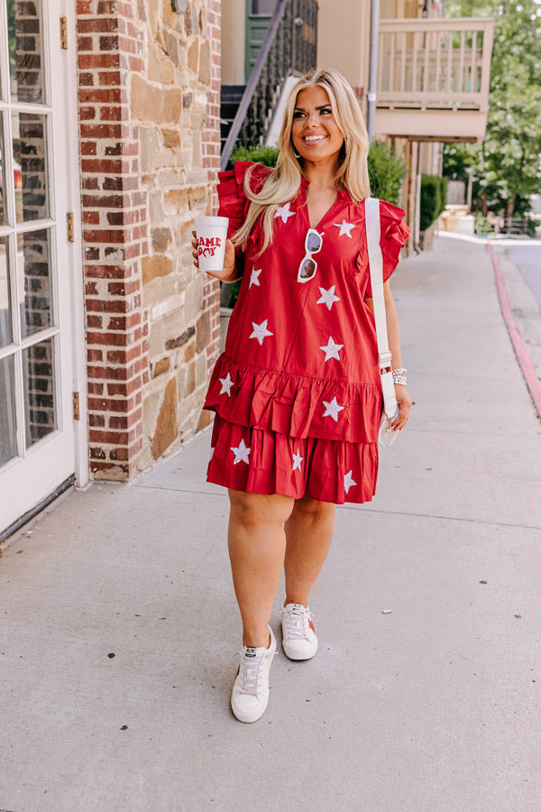 Under The Stadium Lights Ruffle Mini Dress in Crimson Curves