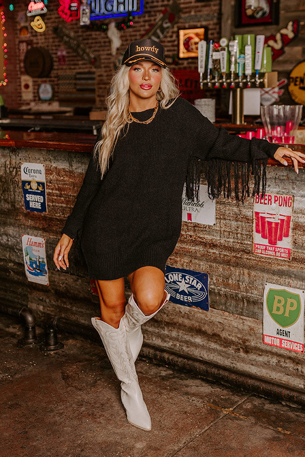 Fall Latte Fringe Sweater Dress in Black Fall Latte Fringe Sweater Dress in Black