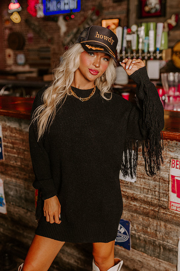 Fall Latte Fringe Sweater Dress in Black Fall Latte Fringe Sweater Dress in Black