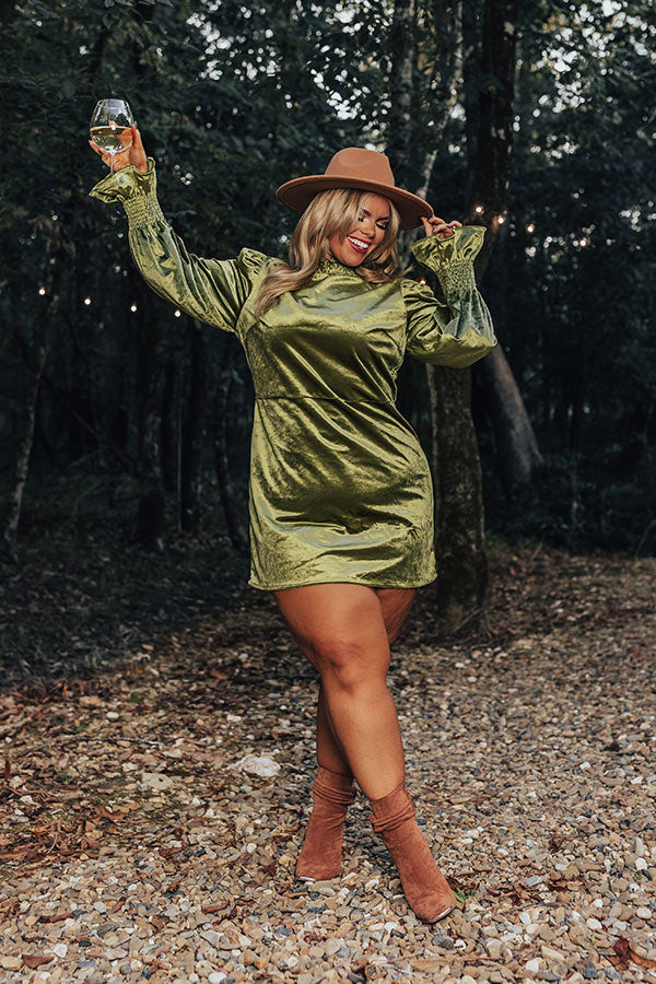 Fashionably Late Velvet Mini Dress In Olive Curves