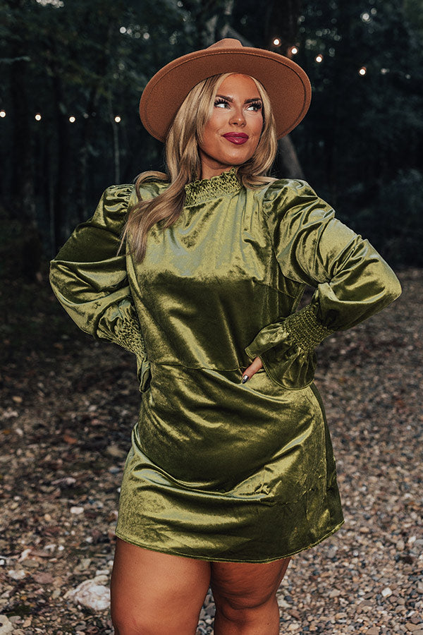 Fashionably Late Velvet Mini Dress In Olive Curves