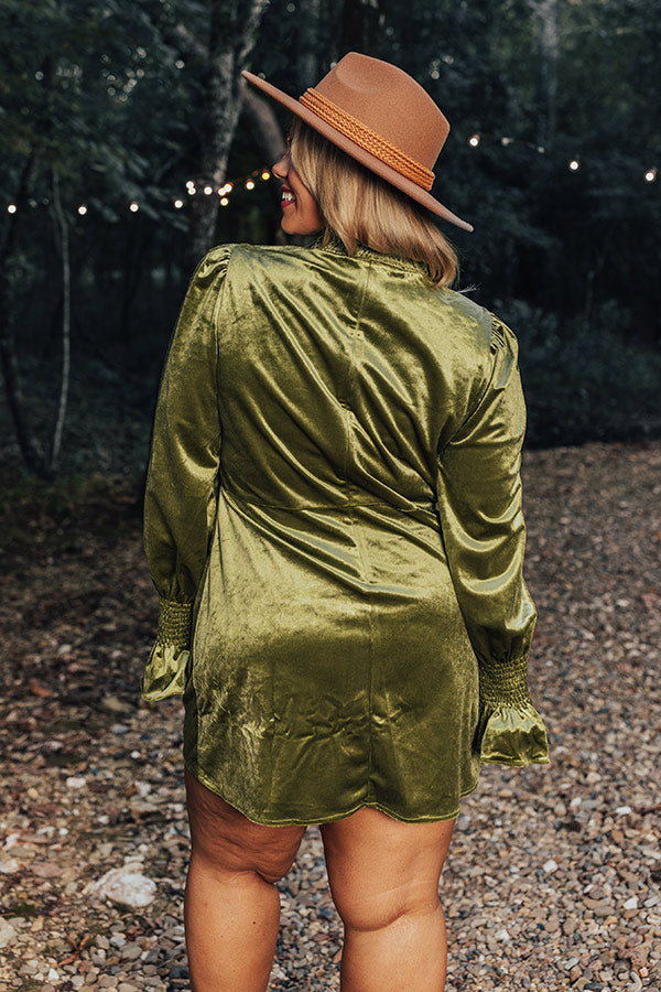 Fashionably Late Velvet Mini Dress In Olive Curves