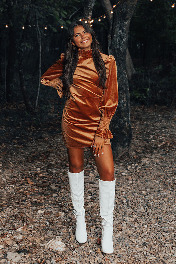 Fashionably Late Velvet Mini Dress In Camel