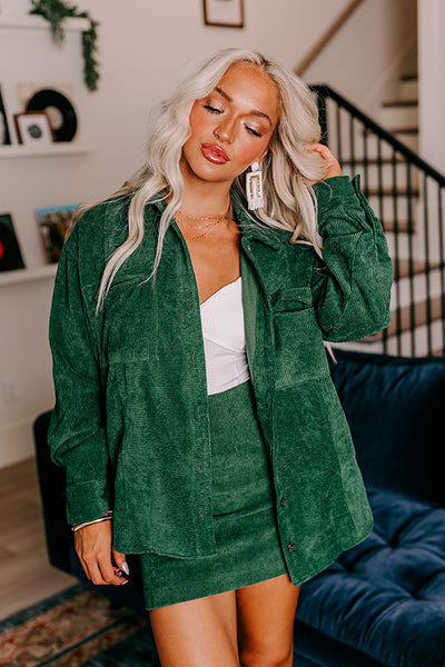 Captivating Cuteness Corduroy Button Up in Hunter Green