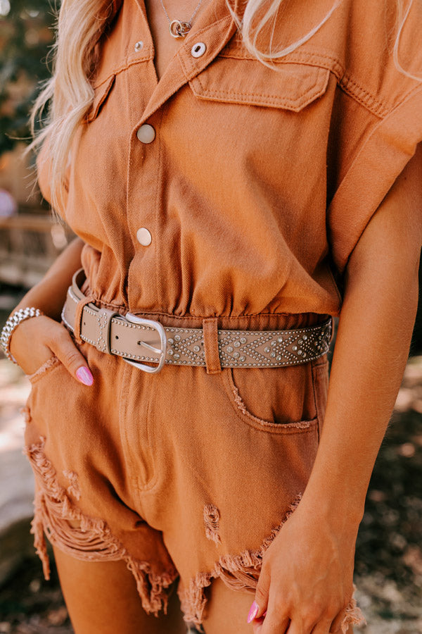 Daring Stares Embellished Faux Leather Belt In Taupe