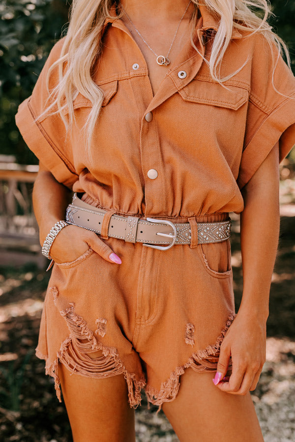 Daring Stares Embellished Faux Leather Belt In Taupe