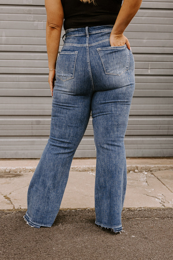 Risen The Sequoia High Waist Distressed Flare in Dark Wash Curves