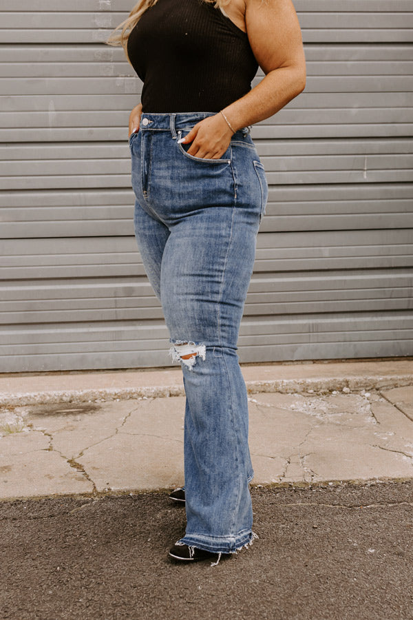 Risen The Sequoia High Waist Distressed Flare in Dark Wash Curves