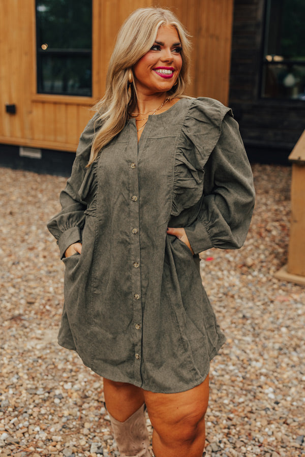 Boston Chill Corduroy Dress in Olive Curves