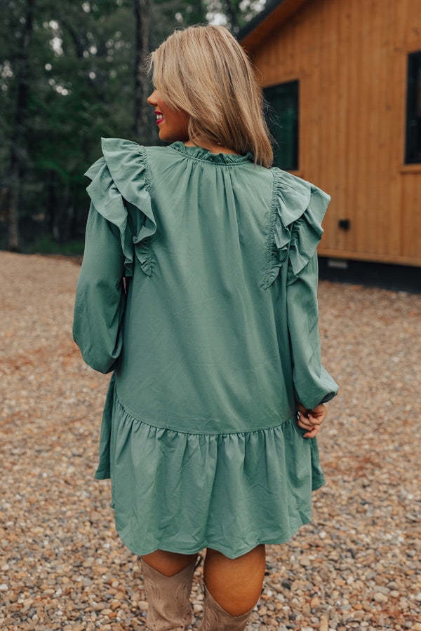 pear green dress Dupion Maxi silk blend silhouette Ruched neckline with tiered detailing Romantic bell sleeves Tea New To Town Shift Dress