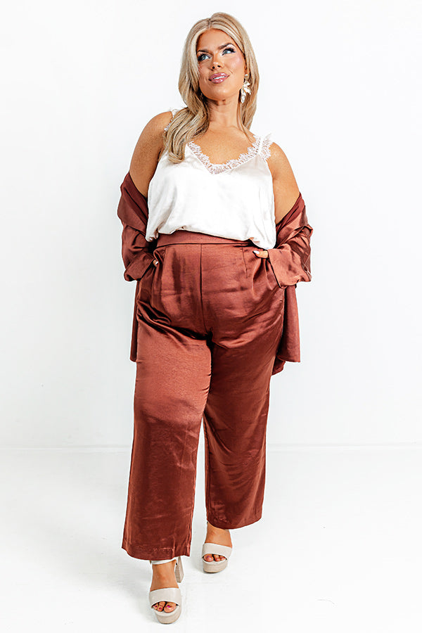 Pouring Merlot Satin High Waist Pants In Dark Rust Curves