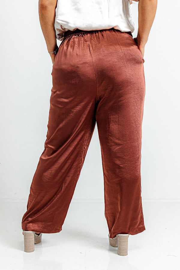 Pouring Merlot Satin High Waist Pants In Dark Rust Curves