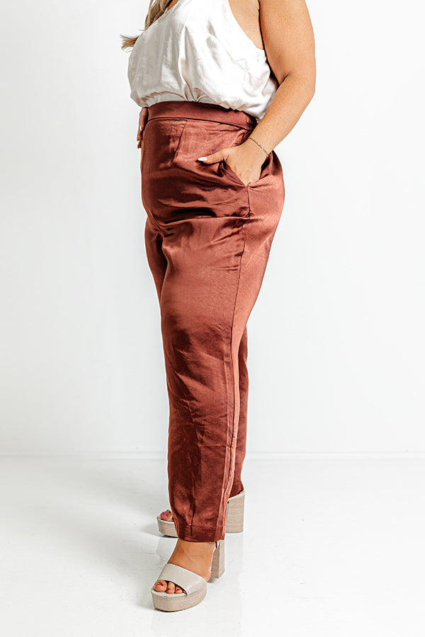 Pouring Merlot Satin High Waist Pants In Dark Rust Curves