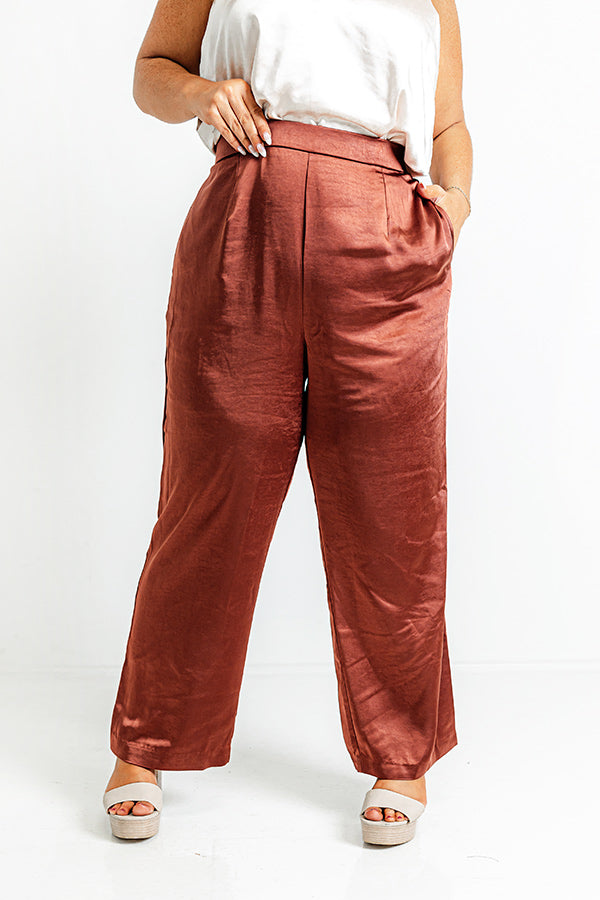 Pouring Merlot Satin High Waist Pants In Dark Rust Curves