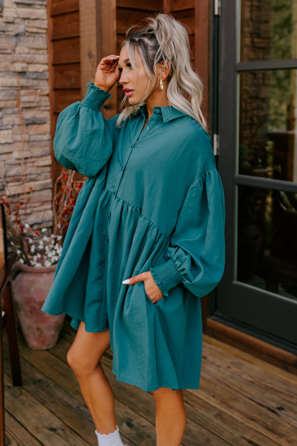 Cafe Patio Button Down Mini Dress in Hunter Green