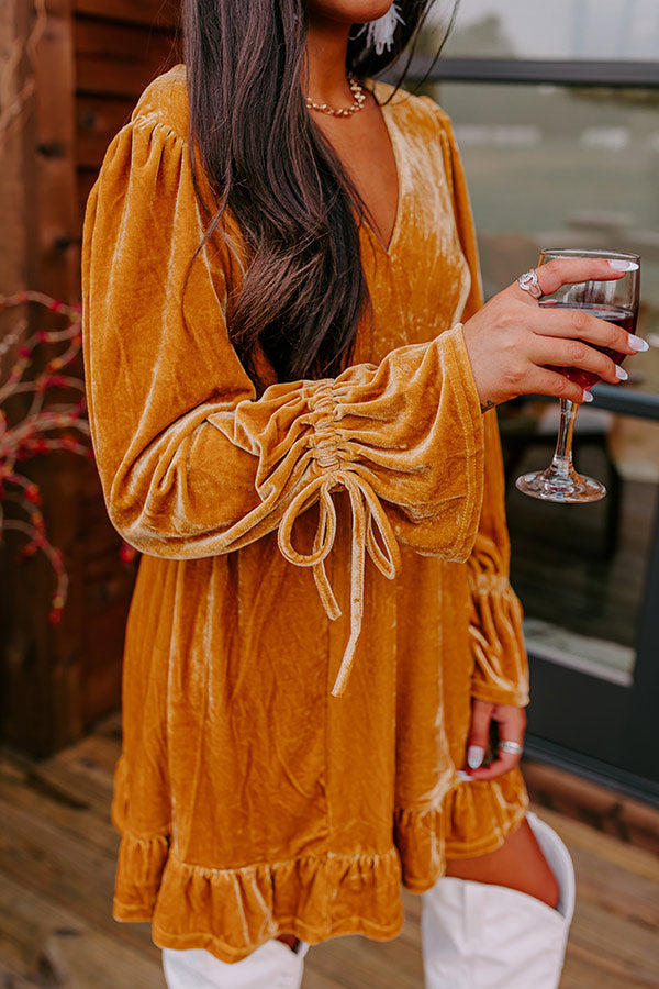 Lost In A Novel Velvet Mini Dress In Golden Honey Lost In A Novel Velvet Mini Dress In Golden Honey