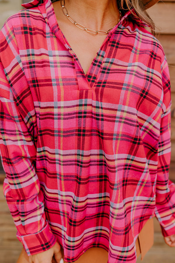 Catching Feelings Plaid Top In Pink