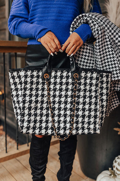 Tote bag with houndstooth print chestnut brown ladies