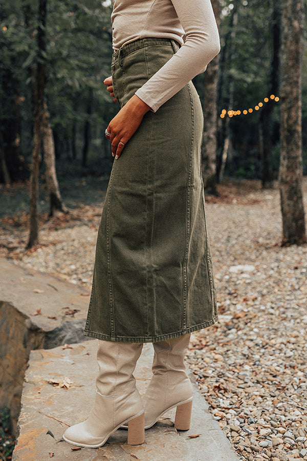 The Maris High Waist Denim Skirt in Olive