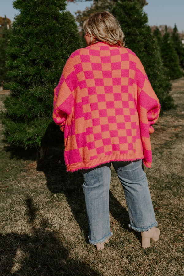 Around The Block Checkered Cardigan in Hot Pink Curves