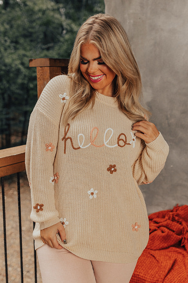 Hello Embroidered Knit Sweater Curves