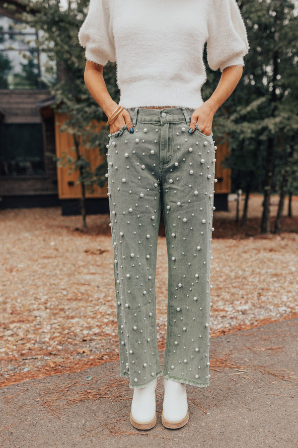 The Lovette High Waist Embellished Straight Leg Jean in Pear