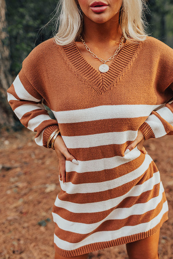 brown and white striped sweater dress Striped Waist Tie Sweater Dress