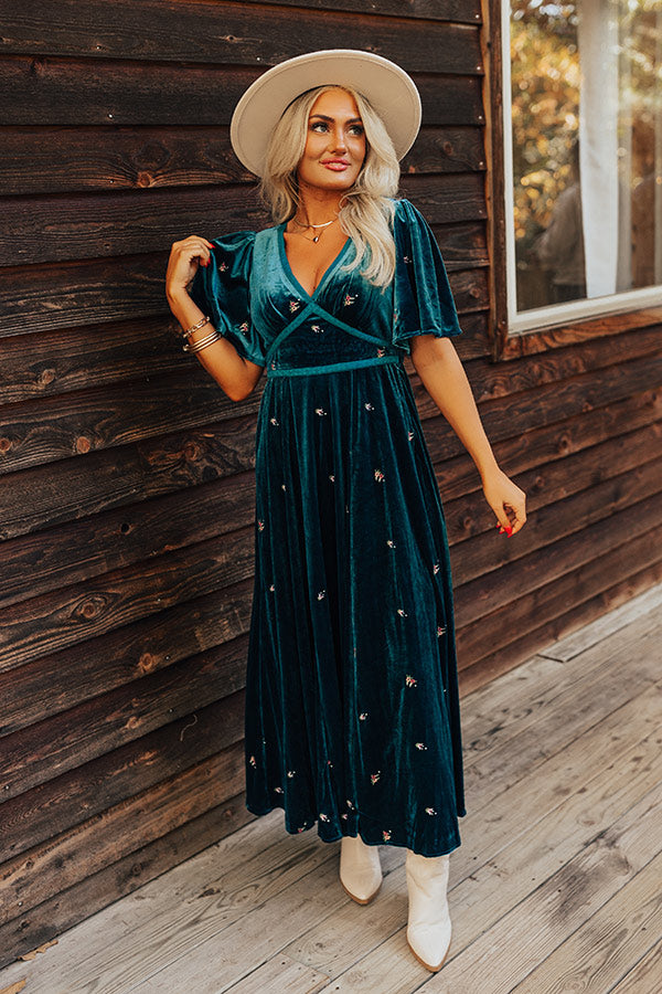 Boho Vibes Embroidered Velvet Midi in Teal • Impressions Online