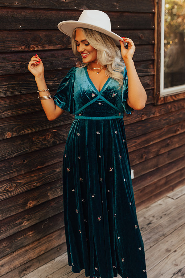 Boho Vibes Embroidered Velvet Midi in Teal