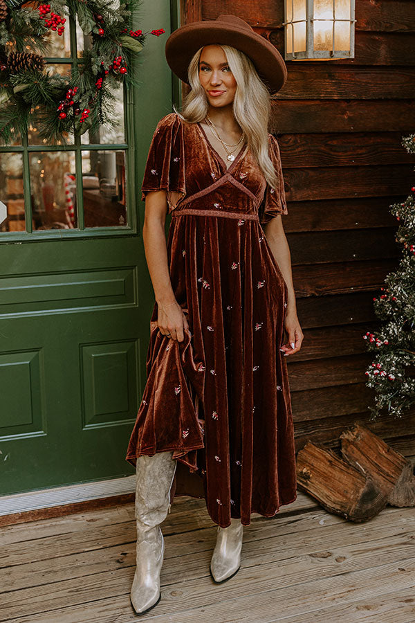 Boho Vibes Embroidered Velvet Midi in Chocolate – Impressions Online Boutique