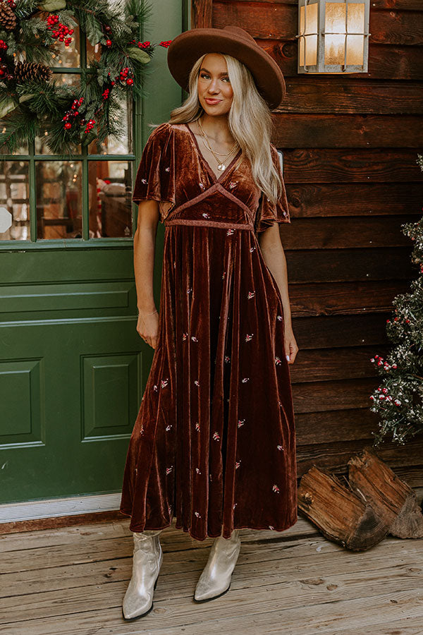 Boho Vibes Embroidered Velvet Midi in Chocolate Boho Vibes Embroidered Velvet Midi in Chocolate