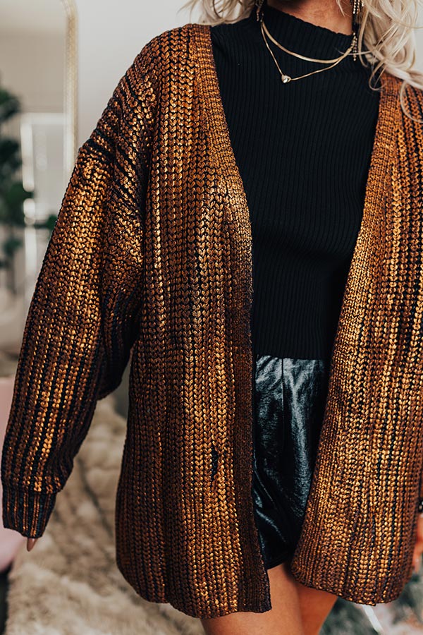 Toasty Times Metallic Knit Cardigan In Copper