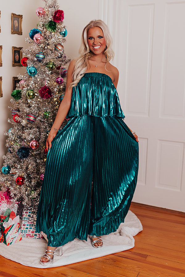 Cocktail Hour Pleated Metallic Jumpsuit In Teal