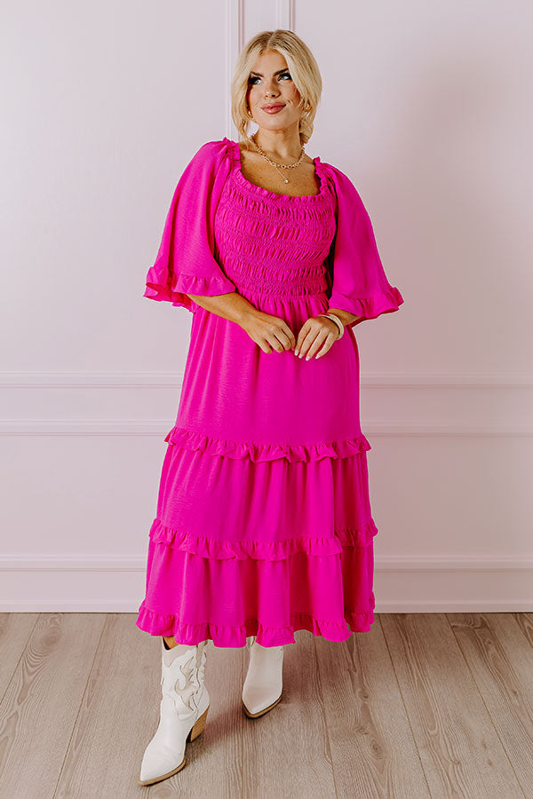 Toes In The Sand Smocked Midi in Hot Pink Curves