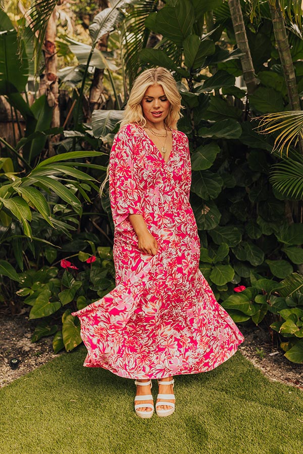 hot pink floral maxi dress Hot Pink A Line Sweetheart Floral Chiffon Ruffled Long Prom Dresses With Slit Hot Pink / 10