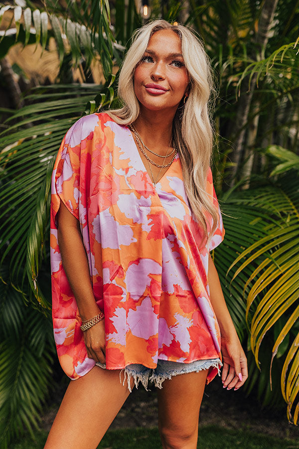 Hibiscus Happiness Satin Shift Top in Coral