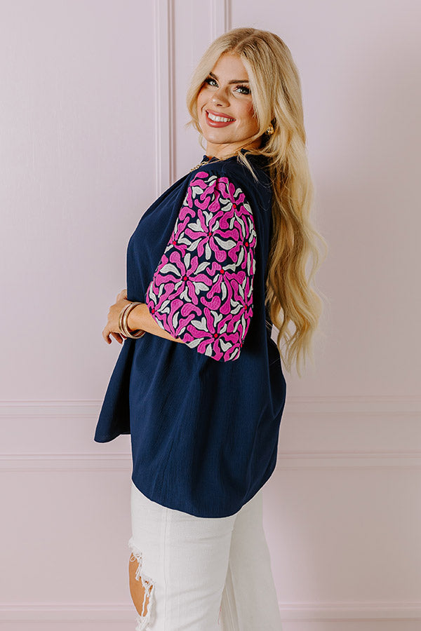 Mediterranean Cruise Embroidered Shift Top in Navy Curves