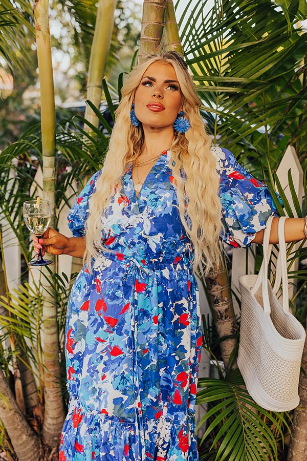 royal blue floral midi dress Zapaka Women Royal Blue Mother Of the Bride Dress with 3/4 Sleeves Square Neck A-Line Floral Midi Wedding Guest Dress, Royal Blue / US18W