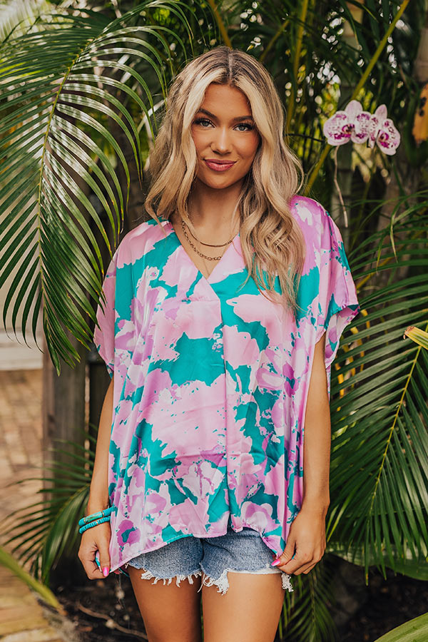 Hibiscus Happiness Satin Shift Top in Turquoise