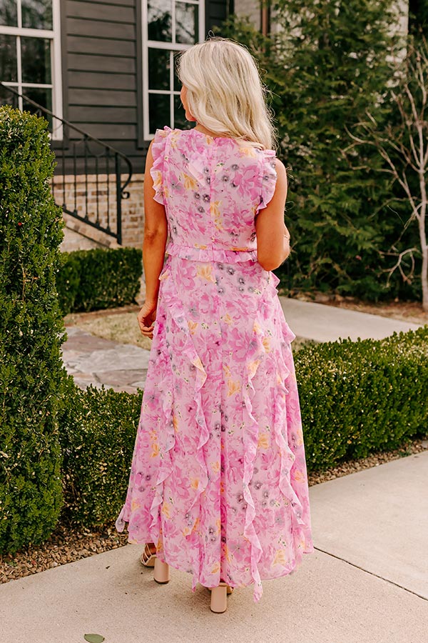 pink floral ruffle maxi dress Reba Pink Floral Asymmetrical Ruffle Tiered Maxi Dress