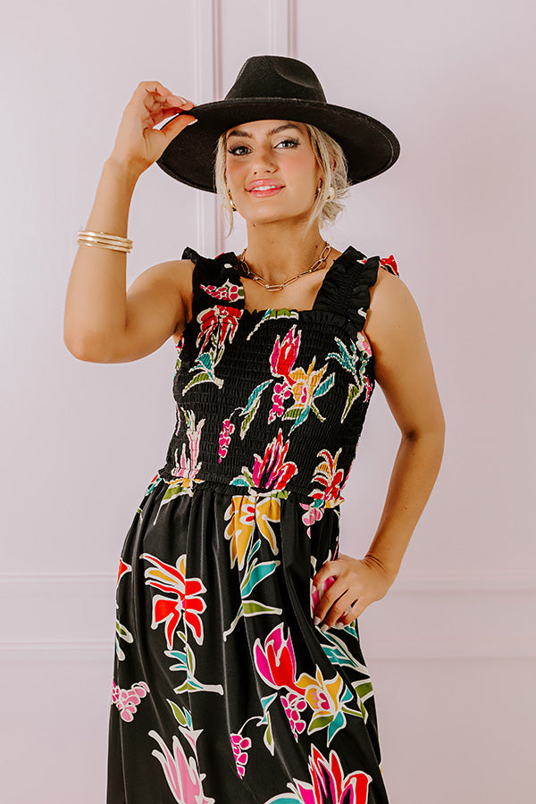 Happy Blooms Smocked Midi in Black