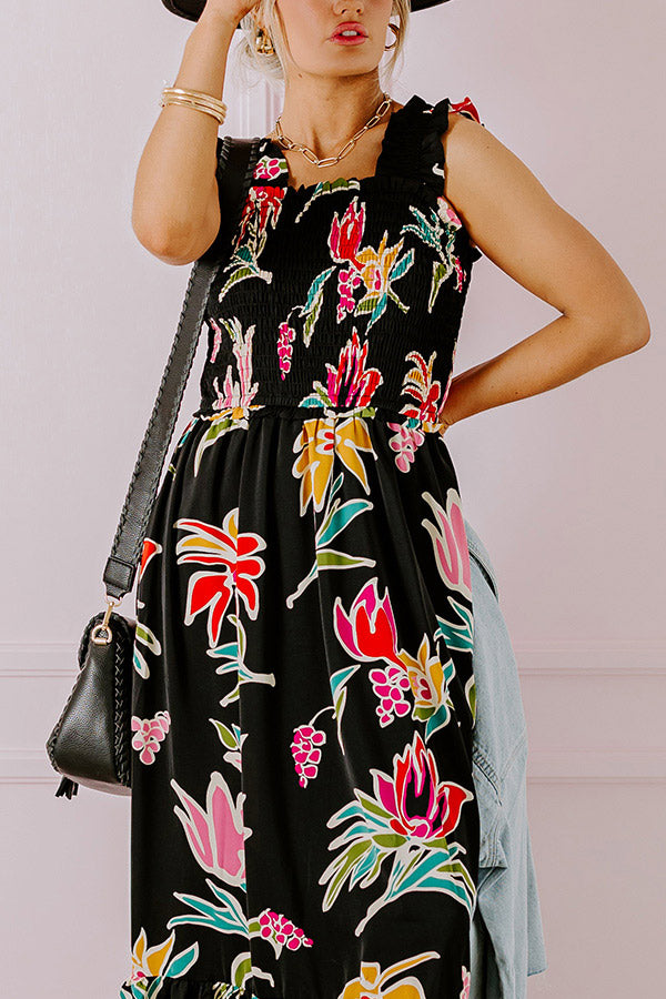 Happy Blooms Smocked Midi in Black