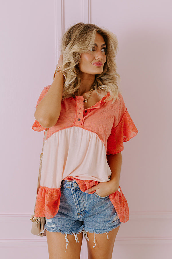 Springtime Sips Lace Babydoll Top In Coral