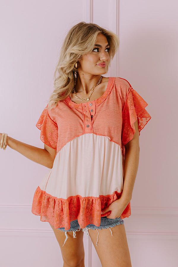 Springtime Sips Lace Babydoll Top In Coral