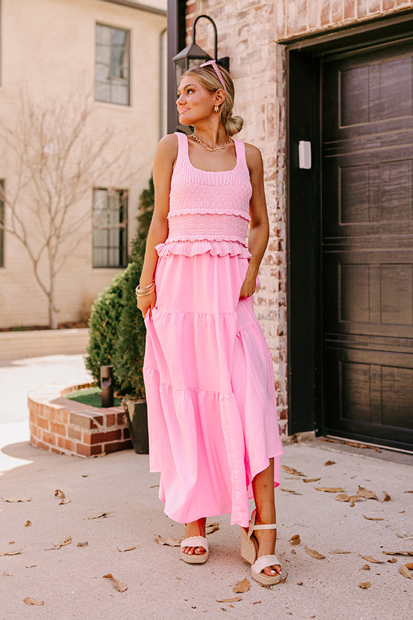 Sunset Beach Stroll Crochet Maxi Dress in Pink
